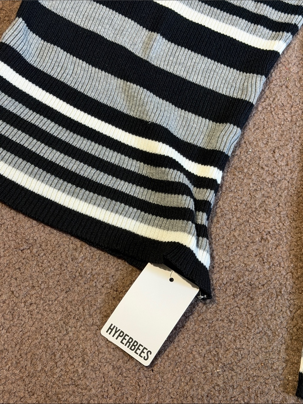 Striped Off-the-Shoulder Ribbed Sweater - Black, Gray, White - Picture 7 of 7